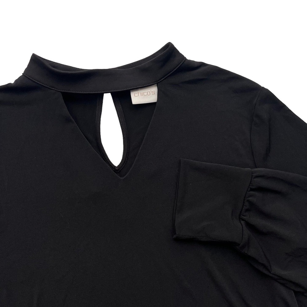 Chico's 1 Women's M Black Keyhole Mock Neck Balloon Sleeves High Low Blouse Chic